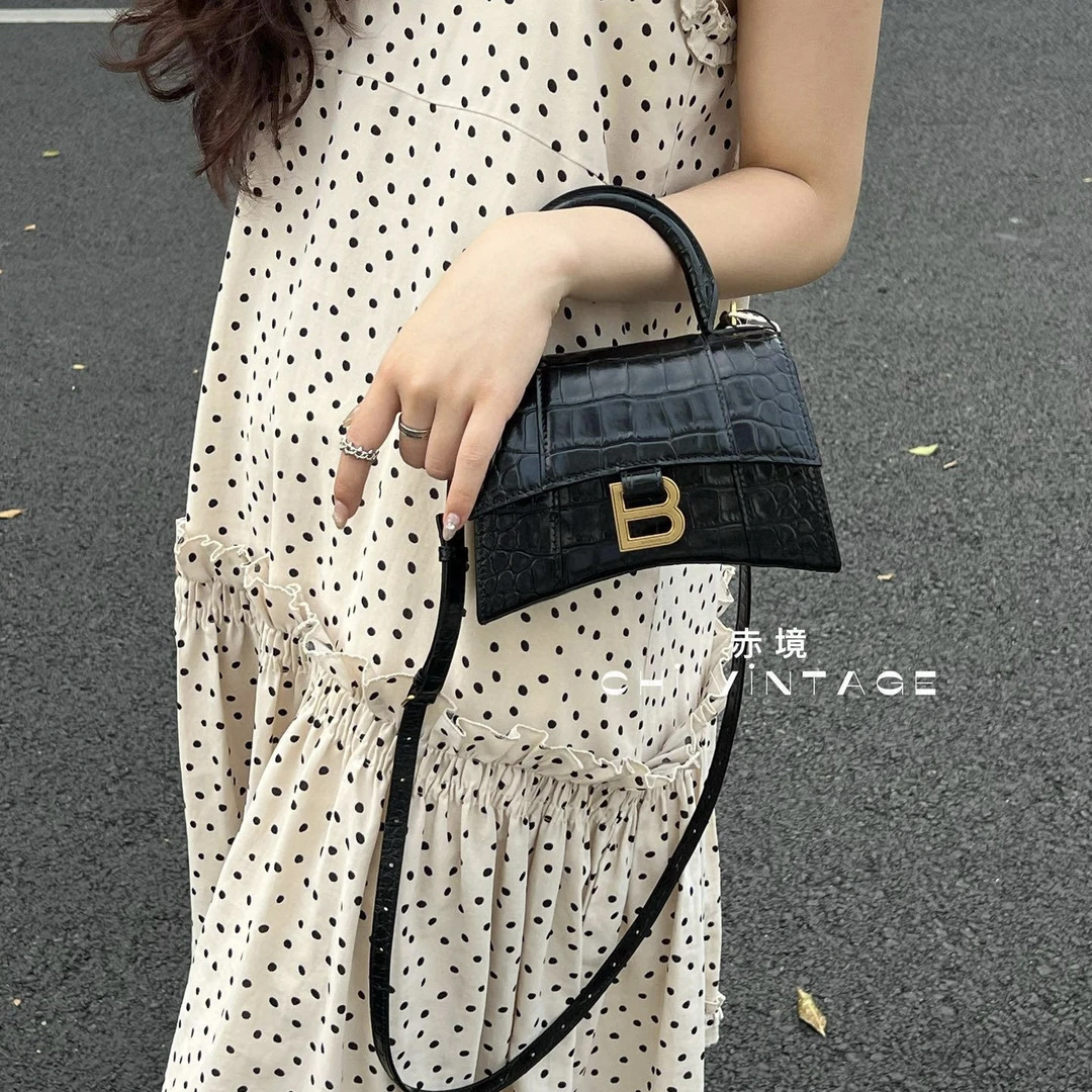 99新 Balenciaga/巴黎世家 7184 黑金鳄鱼纹沙漏手提斜挎包xs