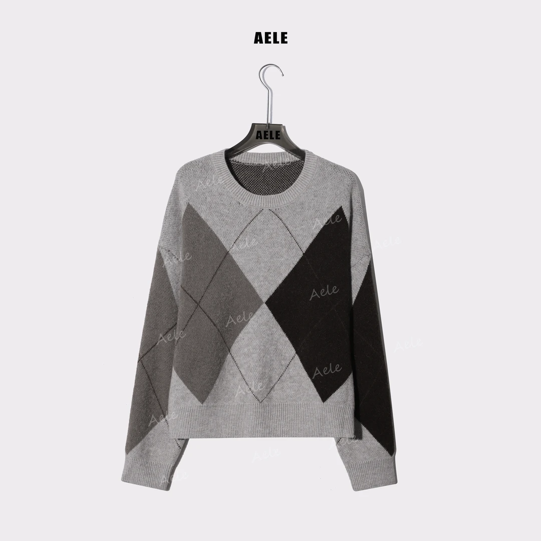 AELE菱格撞色针织衫圆领复古风拼色长袖套头毛衣 X855 3828 AD