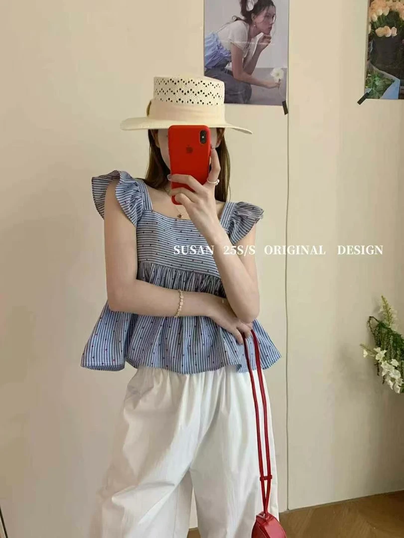 susan@DW052 韩系甜美减龄波点条纹飞袖衬衫 6-25