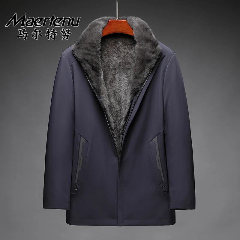 简约水貂派克服男整皮貂皮内胆冬保暖防风外套可拆卸内胆铁灰貂皮