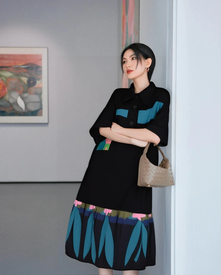 2025夏季新款系列翻领印花碎褶设计师针织连衣裙