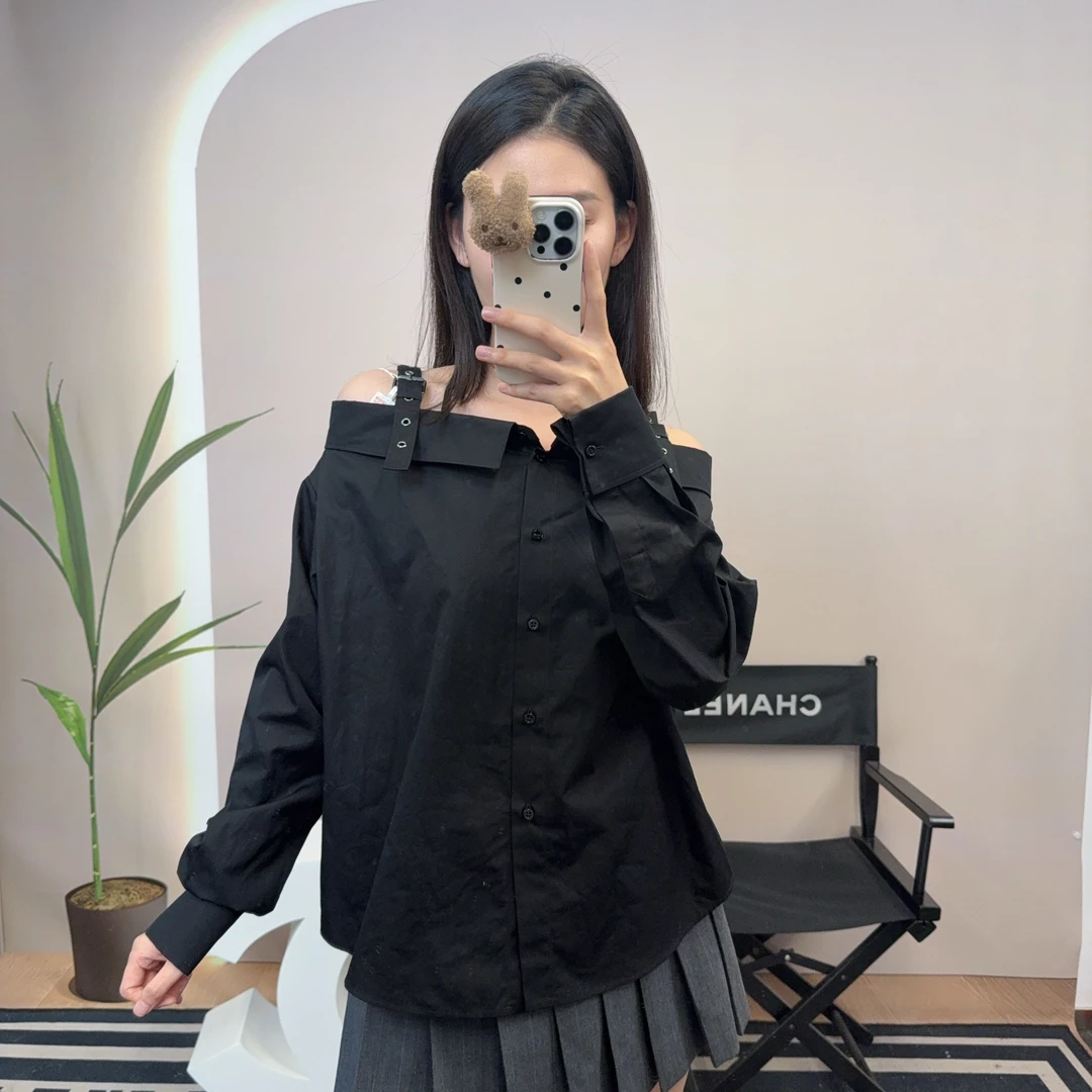 95新 DIOR/迪奥 麦殿/金智秀同款露肩衬衫黑色36码/250628SYNLX03