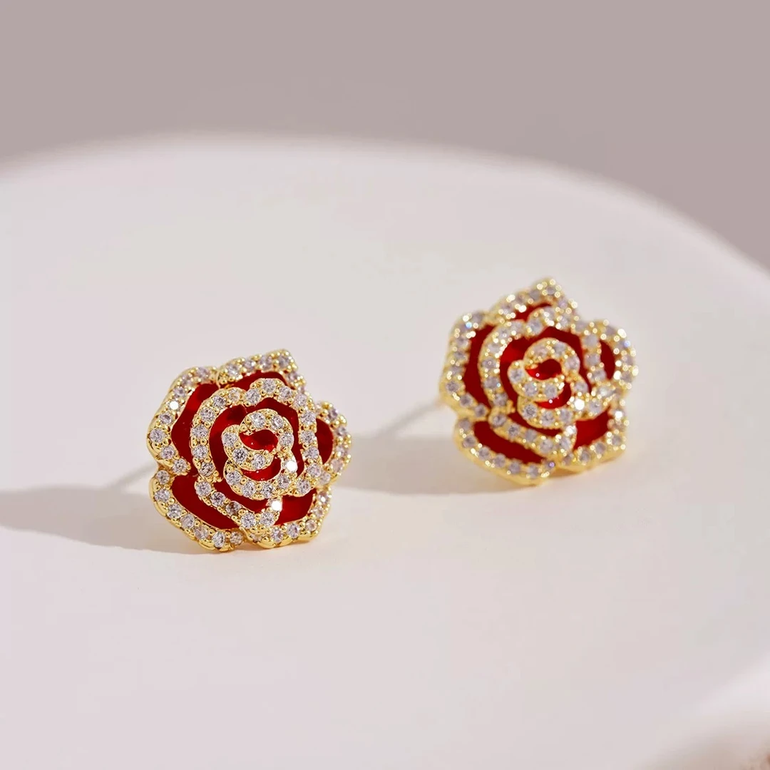 铜合金耳饰 小香耳钉红色山茶花耳环气质耳饰法式温柔耳饰F1421