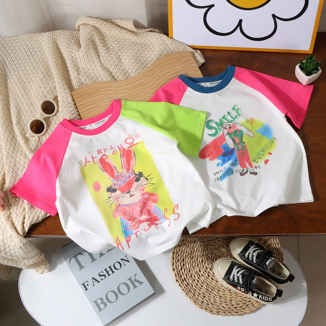 [实体品质]儿童新款多巴胺女童夏季纯棉亲子装撞色t恤插肩袖T恤