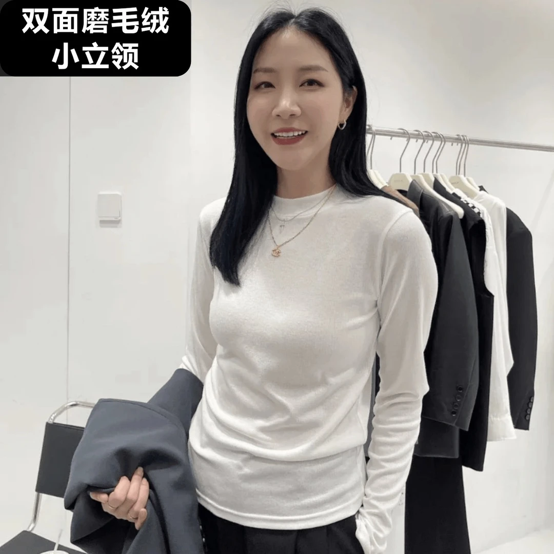 双面磨毛绒小立领气质休闲时尚百搭宽松显瘦T恤女打底衫上衣弹力