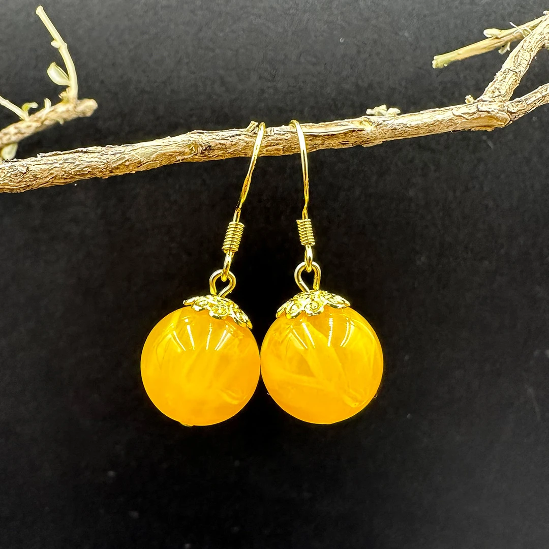 合金珐琅耳饰 999纯银钩14mm耳环A177波罗的海鸡油黄耳坠民族风