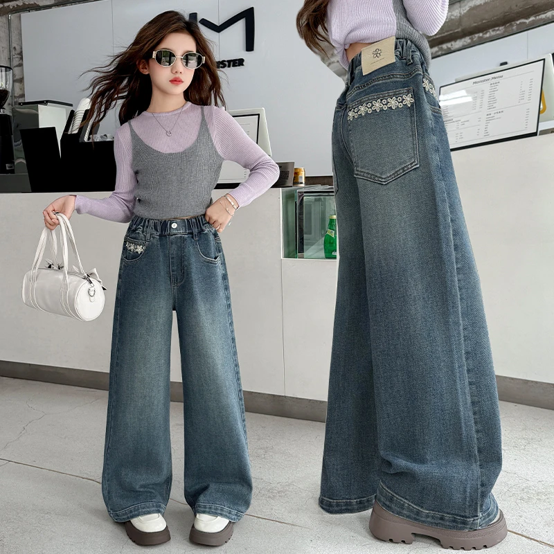 女童裤子牛仔阔腿裤春秋装新款中大童韩版宽松直筒裤秋季休闲长裤