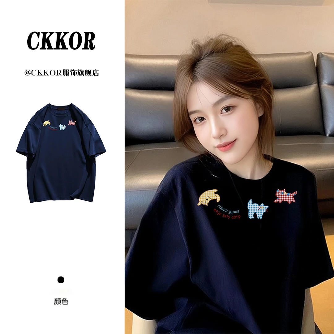 CKKOR夏季新款韩版穿搭短袖t恤女卡通印花百搭休闲中长款圆领上衣