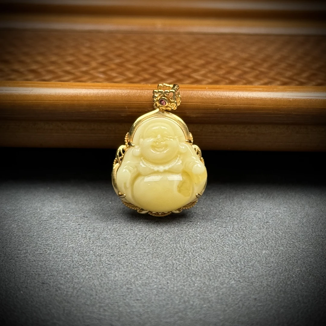 Y4709天然原矿蜜蜡弥勒佛约20*25mm支持鉴定假一罚十