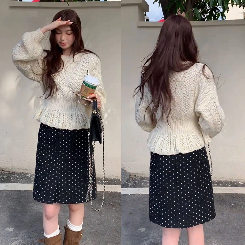 流行穿搭一整套2025新款设计感气质收腰毛衣高腰波点半身裙两件套