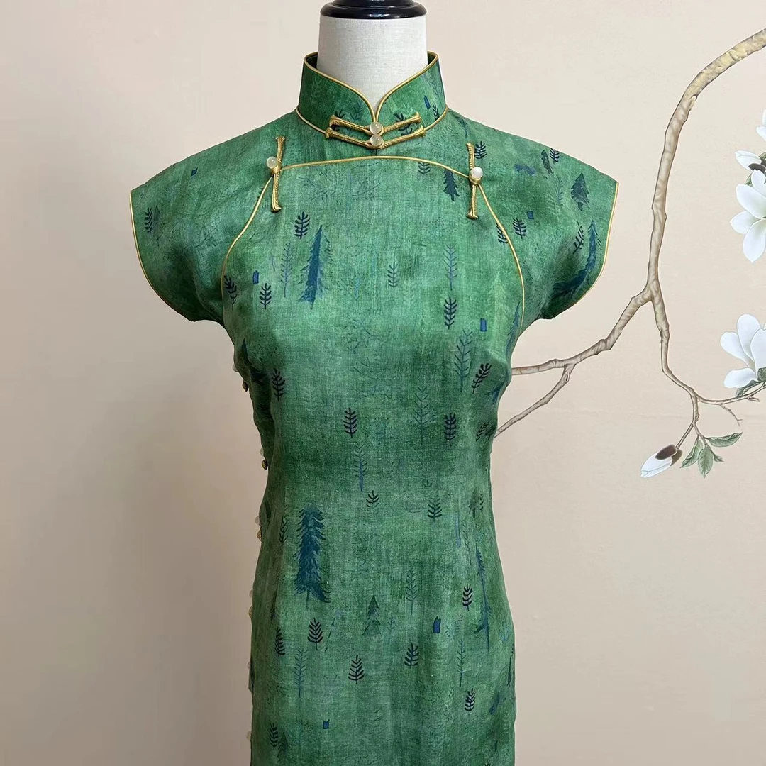 新品手工低开衩长旗袍无袖印花复古双层气质中国风翠绿色苎麻