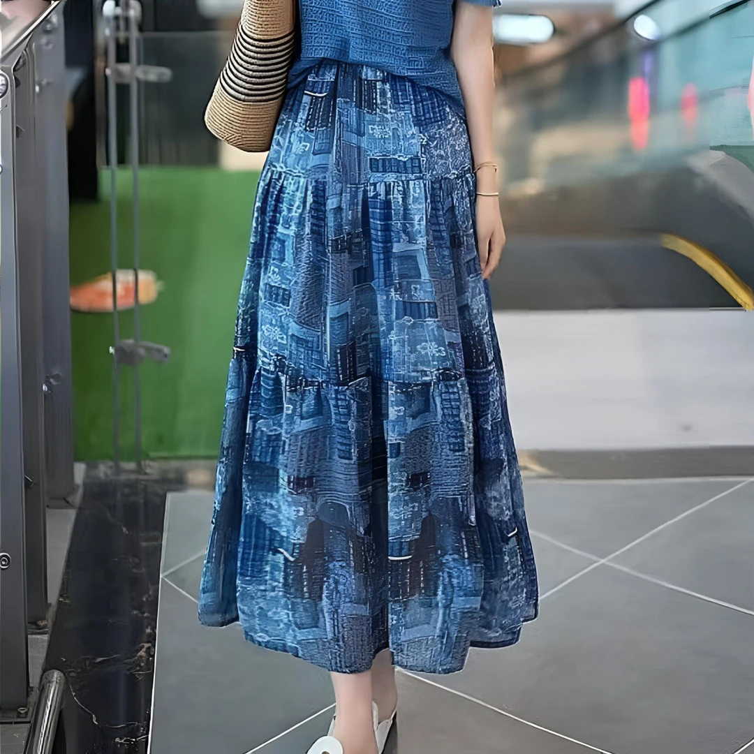 夏季垂感飘逸薄款印花高腰显瘦中长款半身裙休闲百搭A字裙民族风