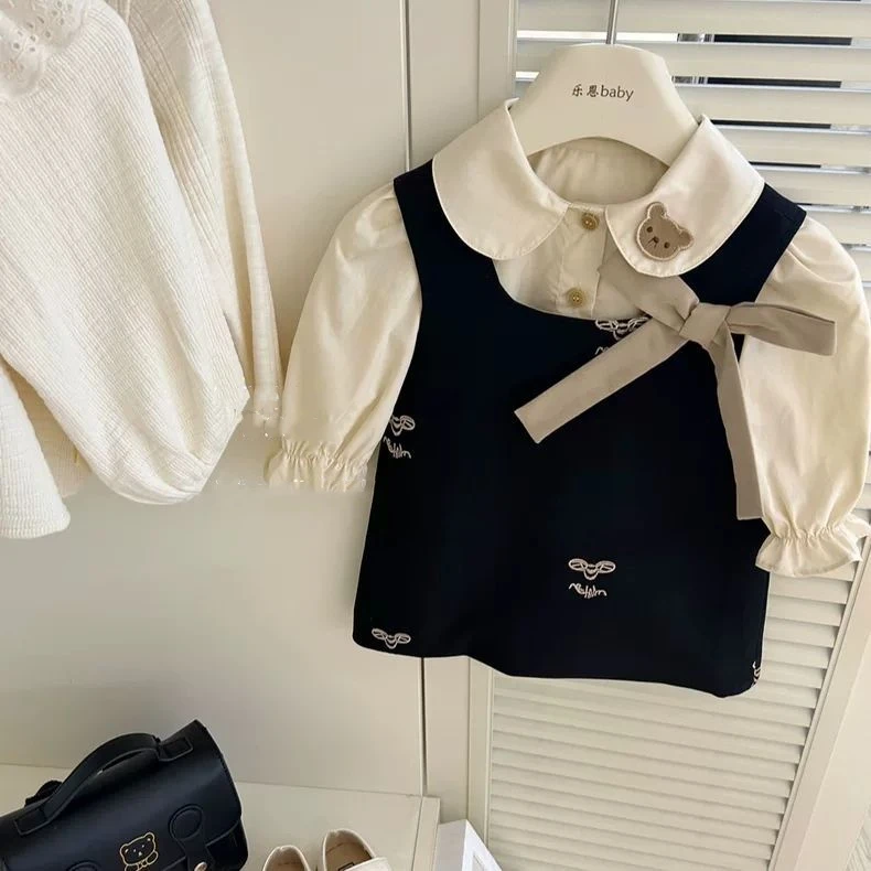 女童套装2025春季新款女宝宝洋气时髦卡通小熊衬衫背心裙套装裙子