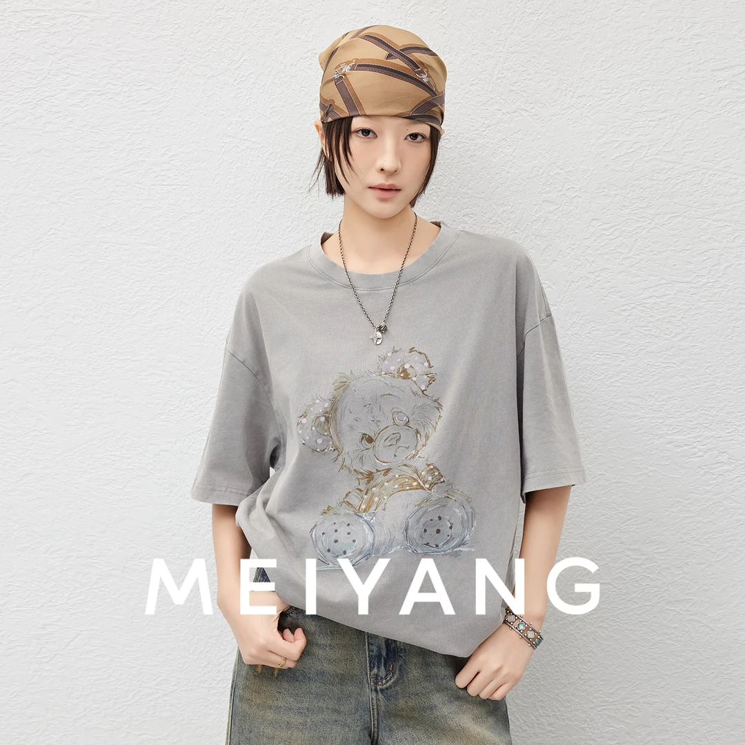 美洋MEIYANG 潦草小熊T 韩式全棉做旧街头复古圆领印花短袖上衣