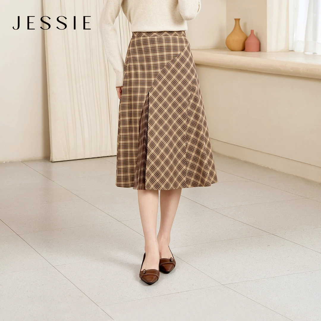 【粉丝专属】JESSIE复古格纹拼接半身裙女式高腰压褶开衩A字裙2025