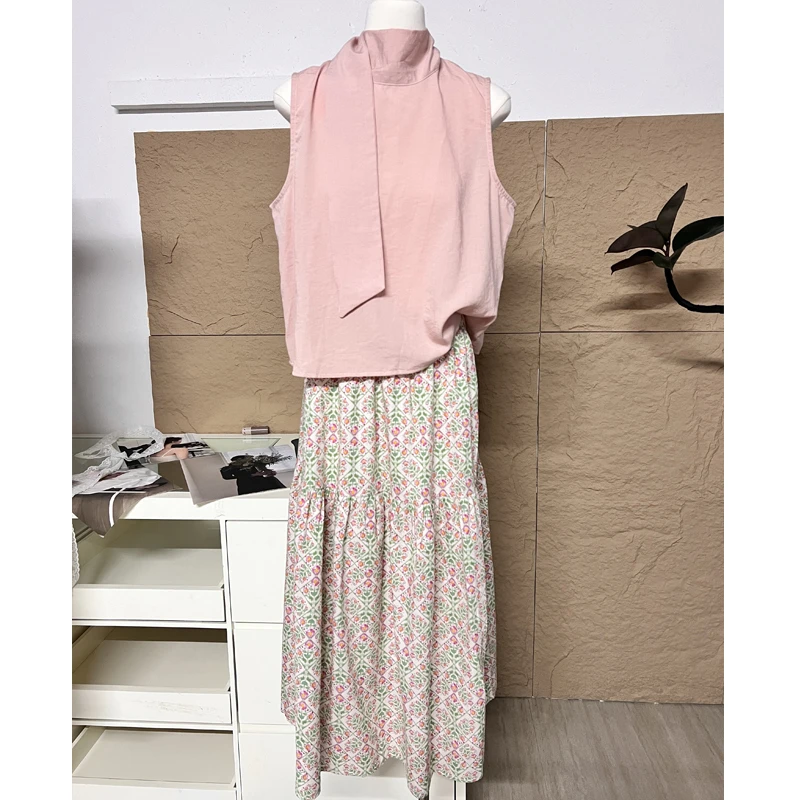 【陈大力】西柚芭乐~韩系夏装飘带无袖上衣小衫+碎花半身裙两件套女