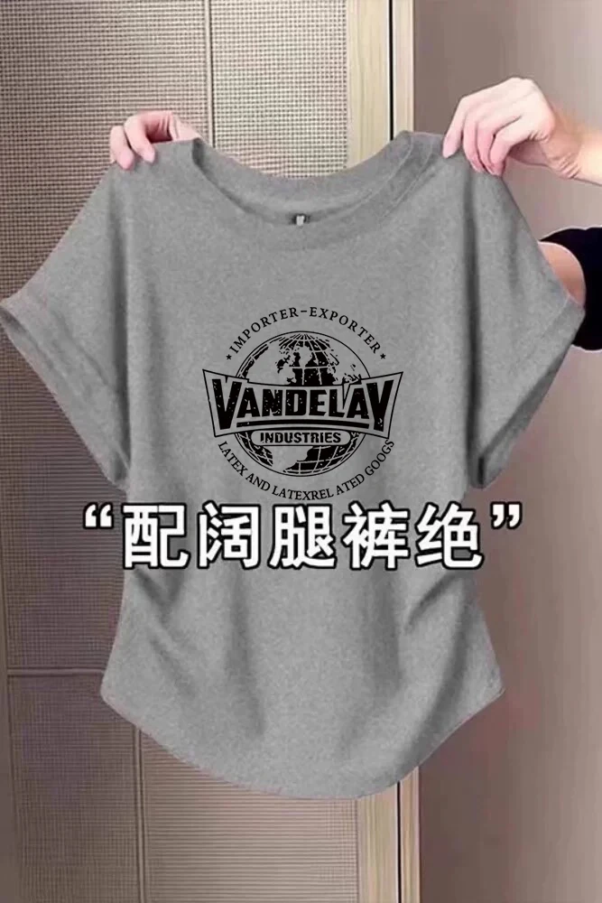 夏季圆领新款猫咪印花时尚正肩短袖收腰褶皱上衣显瘦灰色棉t恤女