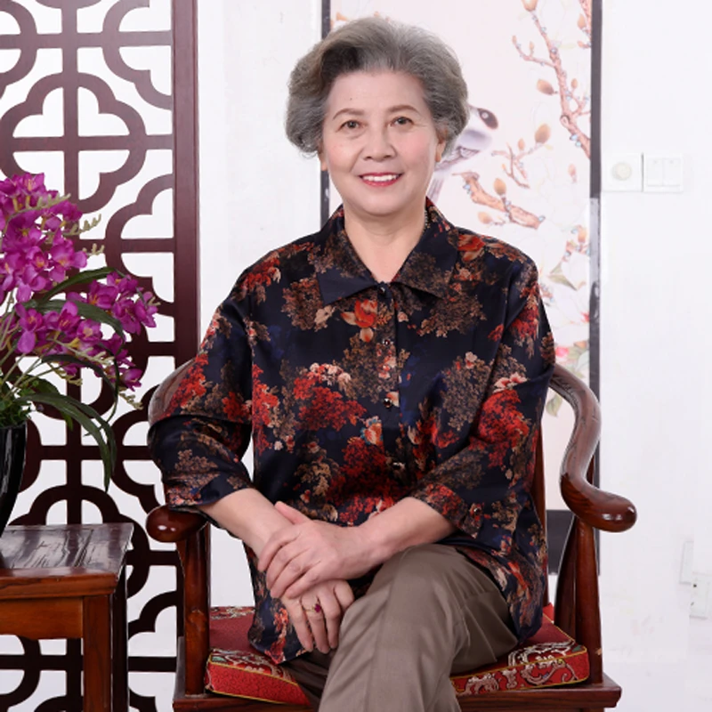 老年女装妈妈奶奶装夏季时尚国风衫桑蚕丝真丝弹力绸中袖衬衫上衣