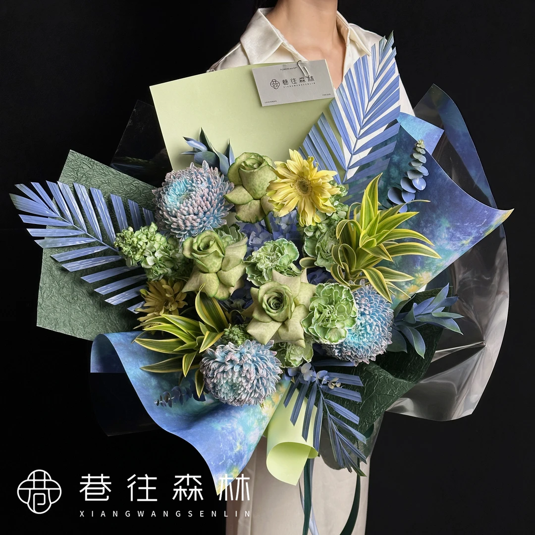 当天不发【青空屿风】高端设计百合竹喷色吸色玫瑰混搭鲜花花束小时达约会生日节日送女友闺蜜同城花店配送上门