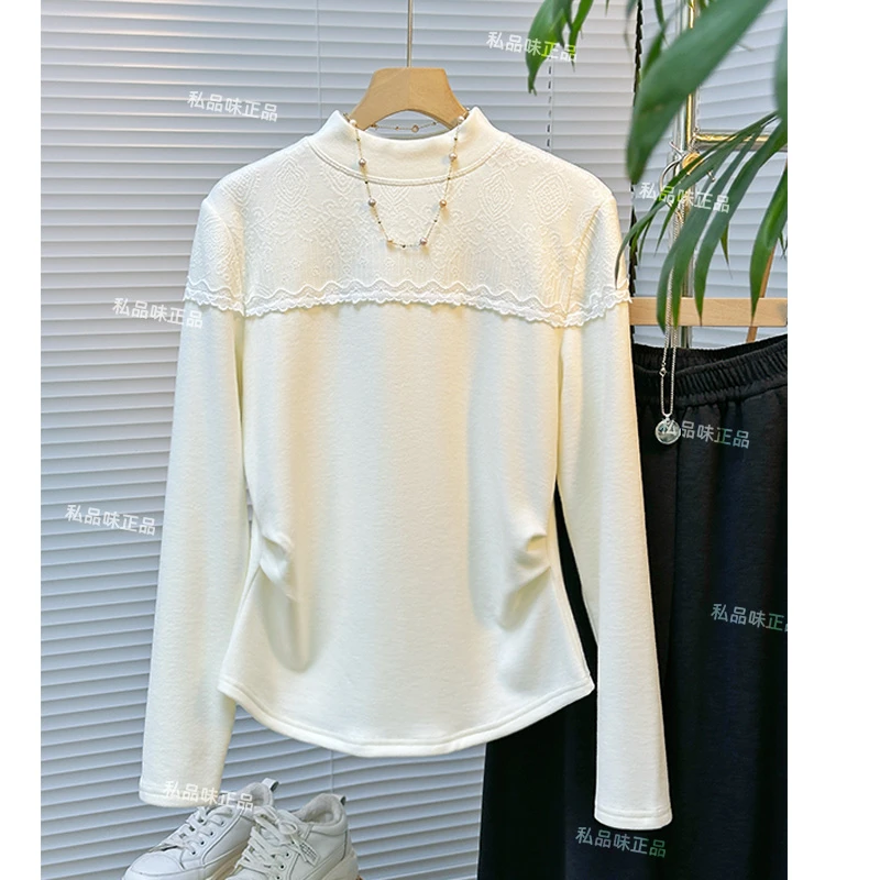 加厚德绒 SPW私品味 2025年冬季新款蕾丝拼接立领打底衫 W114383