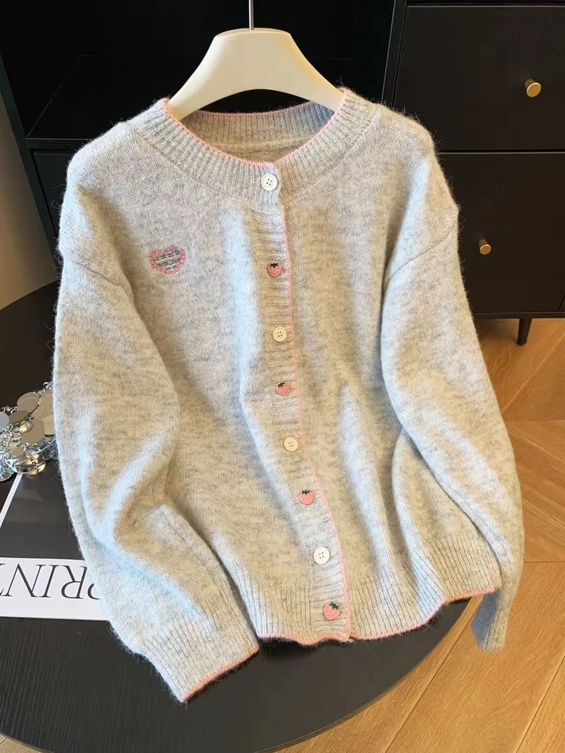 女大童韩系学院风灰色针织开衫女孩秋冬季12-15岁初中生外搭毛衣