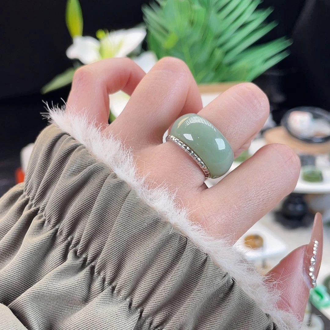 和田玉未镶嵌戒指E77粉青墩墩18带24h