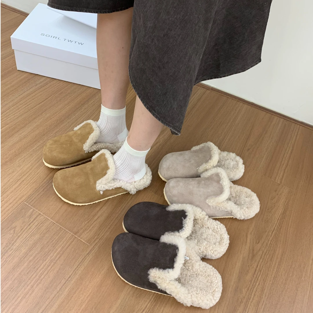YC复古厚底勃肯鞋女秋冬加绒棉鞋一脚蹬毛毛鞋包头半拖潮YD016-5