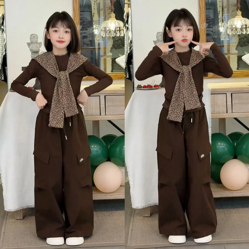 女童秋季新款韩范时尚豹纹披肩纯色上衣琥珀流光休闲工装裤两件套