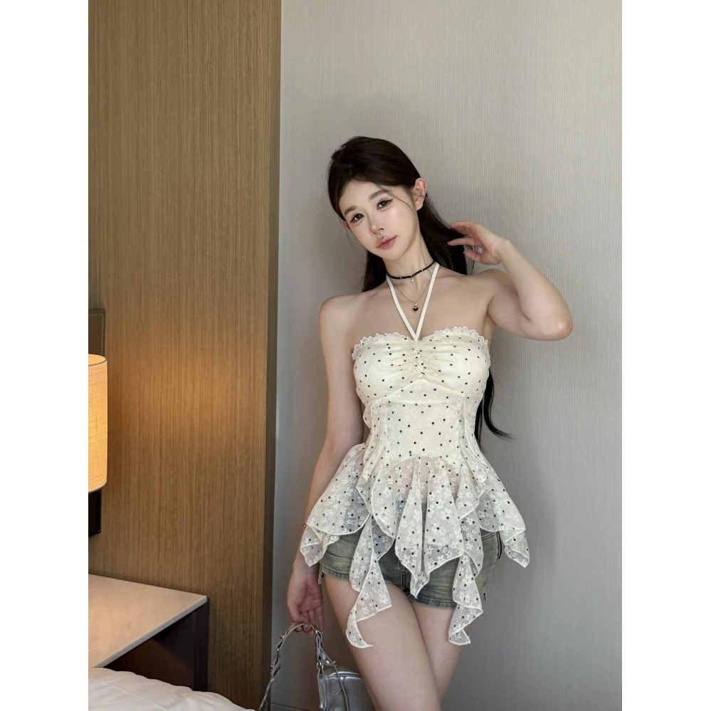 夏季法式复古纯欲性感一字肩挂脖抹胸带胸垫辣妹收腰吊带背心上衣