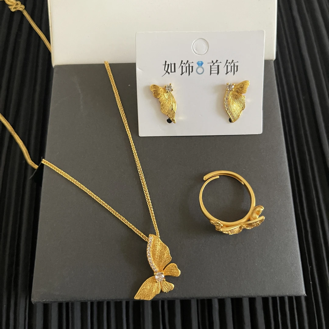 铜合金项链 如饰古法蝴蝶三件套套装复古百搭气质