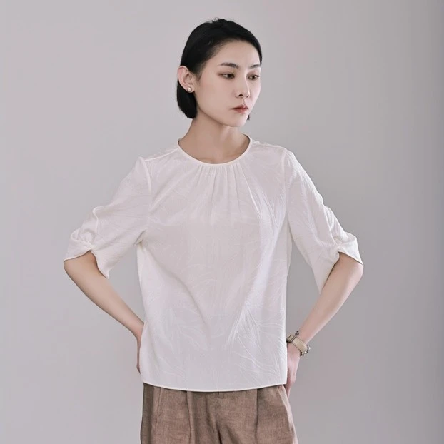 【桑蚕丝冠乐绉】提花显瘦纯色夏季气质百搭时尚1232休闲简约上衣