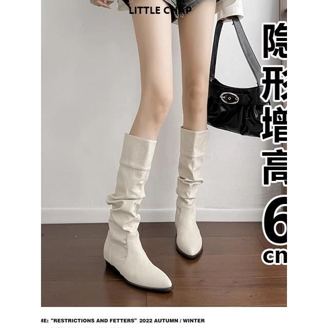 牛皮版内增高堆堆靴女春秋新款小个子西部牛仔靴长靴骑士靴长筒靴