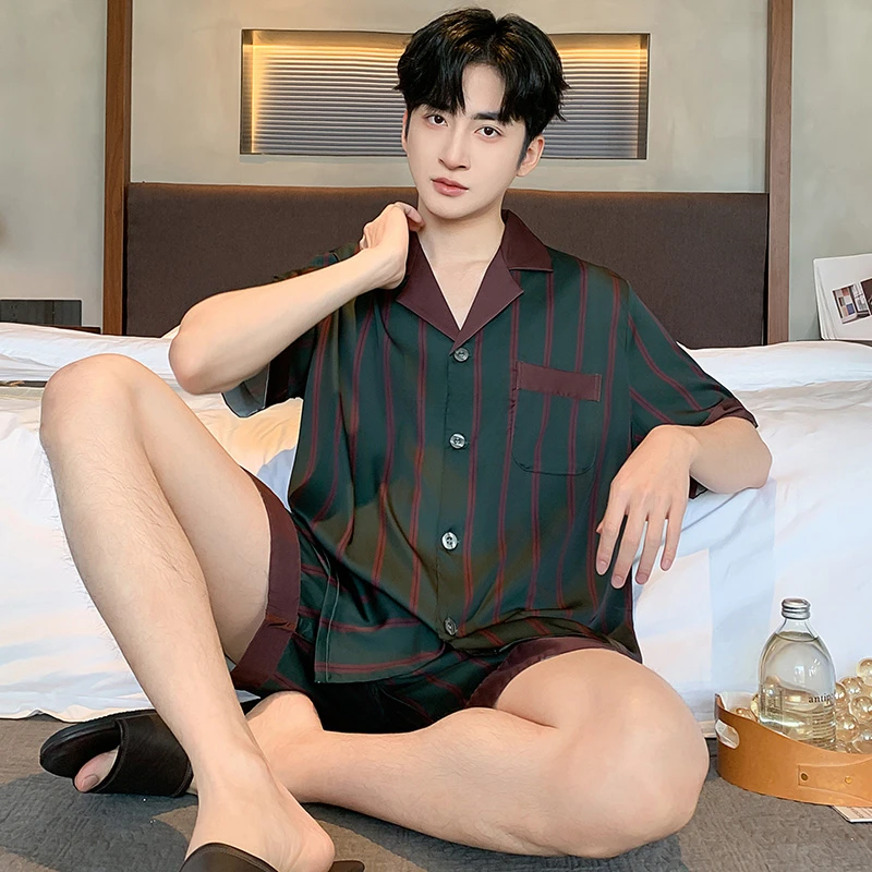 冰丝睡衣男夏季短袖短裤薄款男士大码开衫夏天睡衣爸爸家居服套装