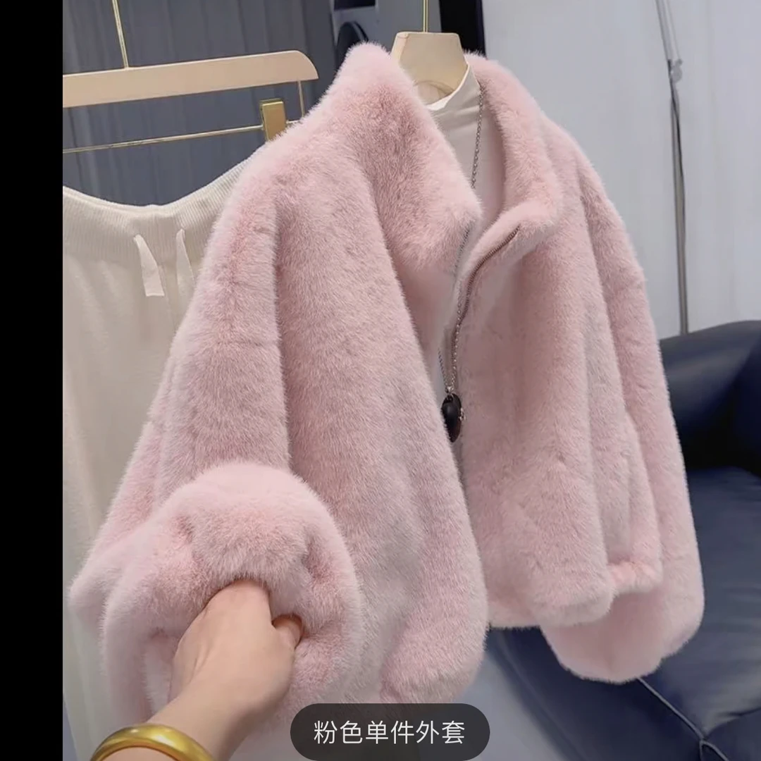 毛毛立领外套女短款加厚保暖毛绒绒韩版时尚百搭气质冬季外套