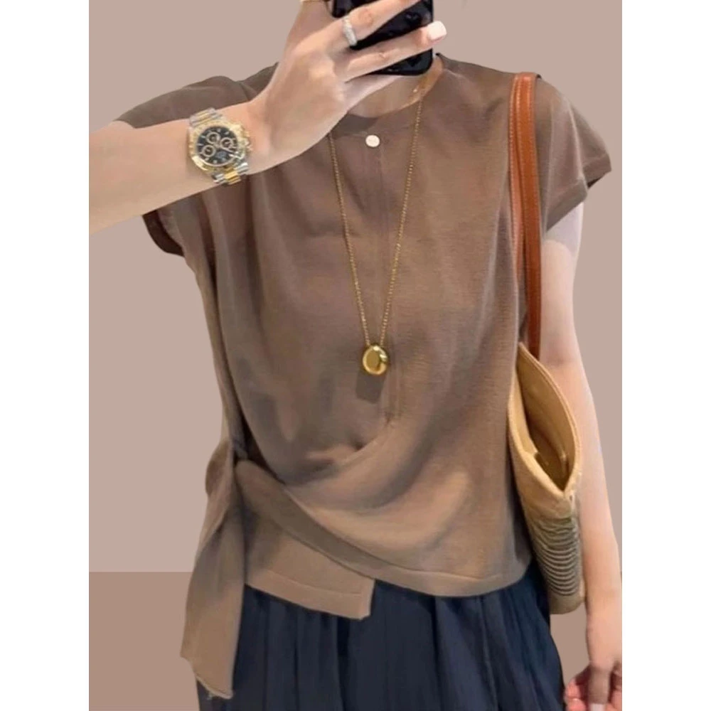 2025夏季新款纯色宽松短袖t恤女士休闲百搭显瘦不规则针织衫上衣