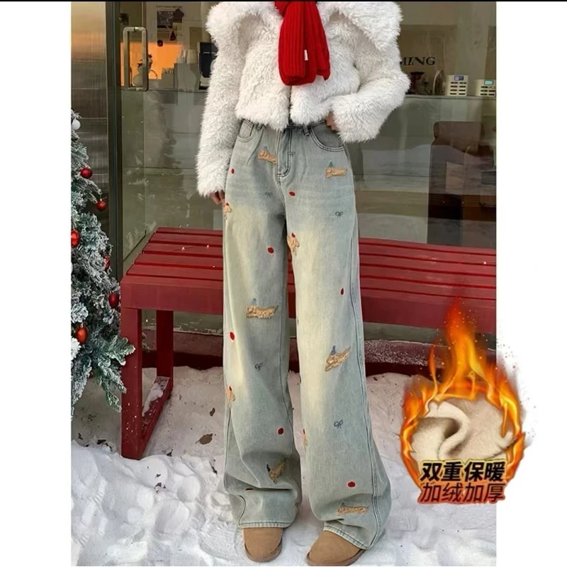 腊肠狗刺绣高腰加绒直筒牛仔裤女2025冬季小个子显瘦设计感阔腿裤