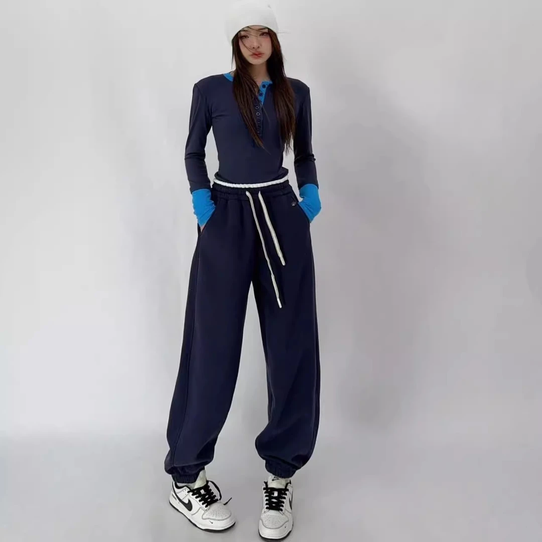 时尚前沿 秋冬加绒加厚撞色王炸雪地束脚裤显瘦百搭运动裤24143