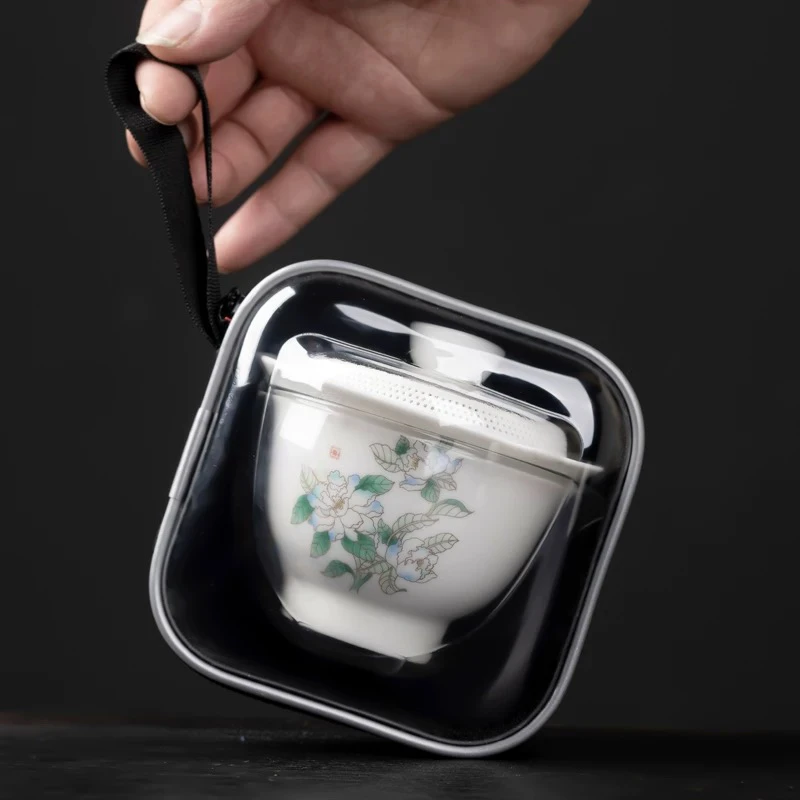 旅行车载陶瓷户外茶具瓷孔过滤盖碗羊脂玉A04