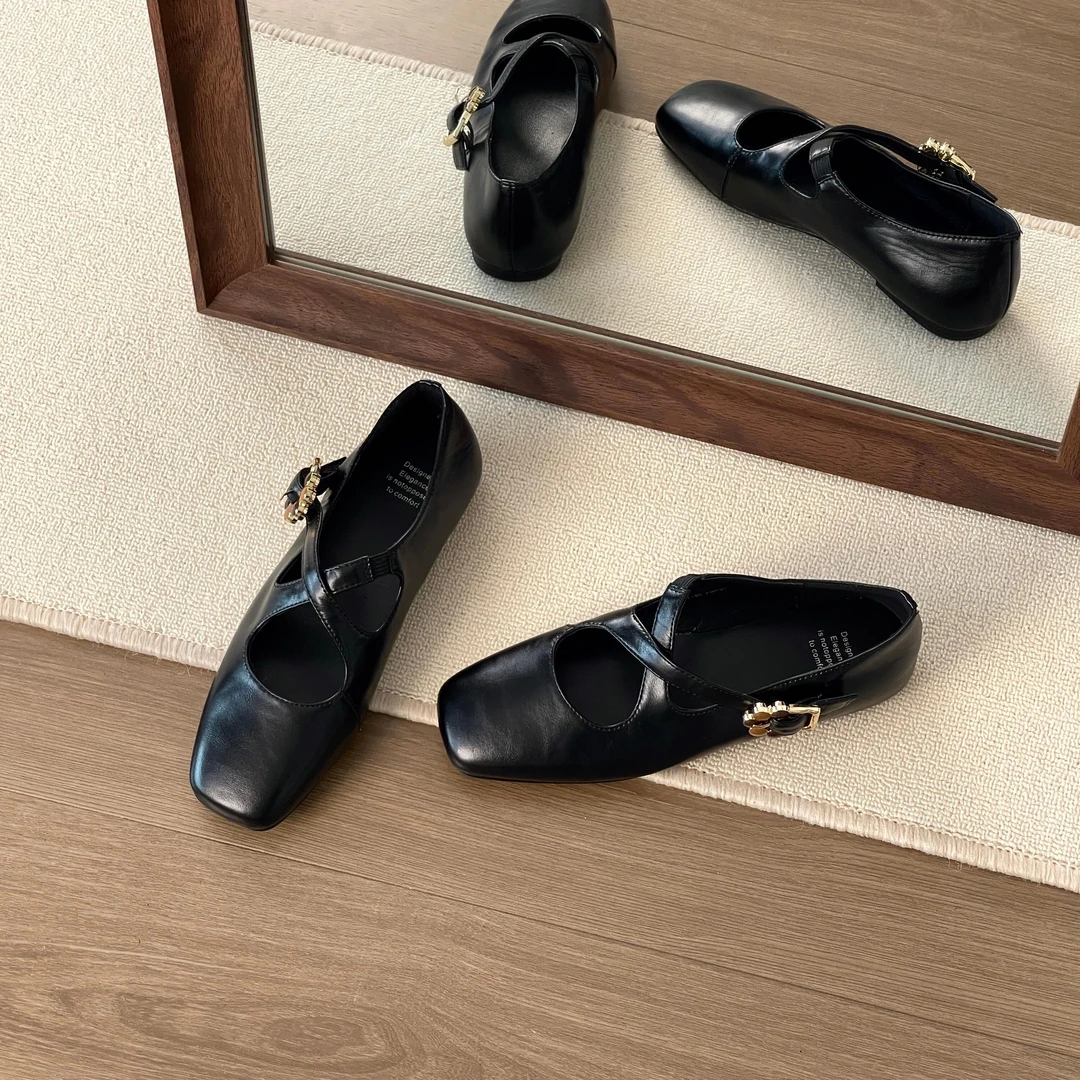 HUSSLOVE 牛皮·跟高1CM·简约百搭少女风漆皮单鞋玛丽珍鞋低跟单鞋