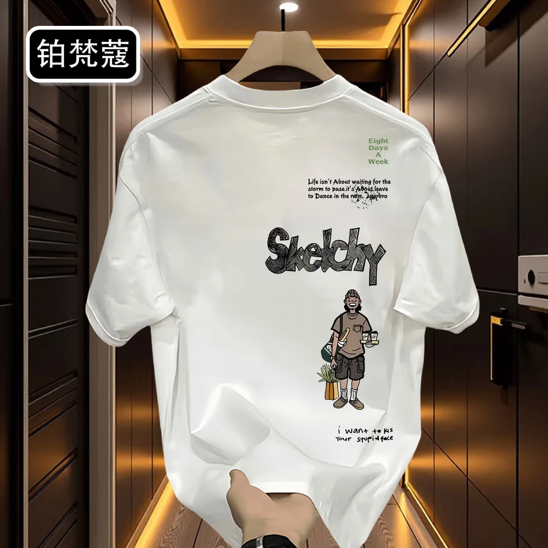 铂梵蔻男士休闲夏季新款上衣圆领宽松轻奢印花痞帅潮T恤纯棉短袖