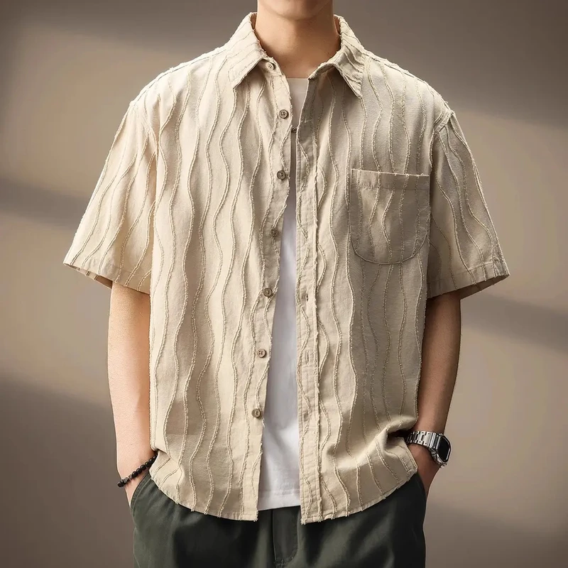 Cebrodz高级感凉感短袖衬衫男士夏季薄款痞帅宽松条纹外套男衬衣