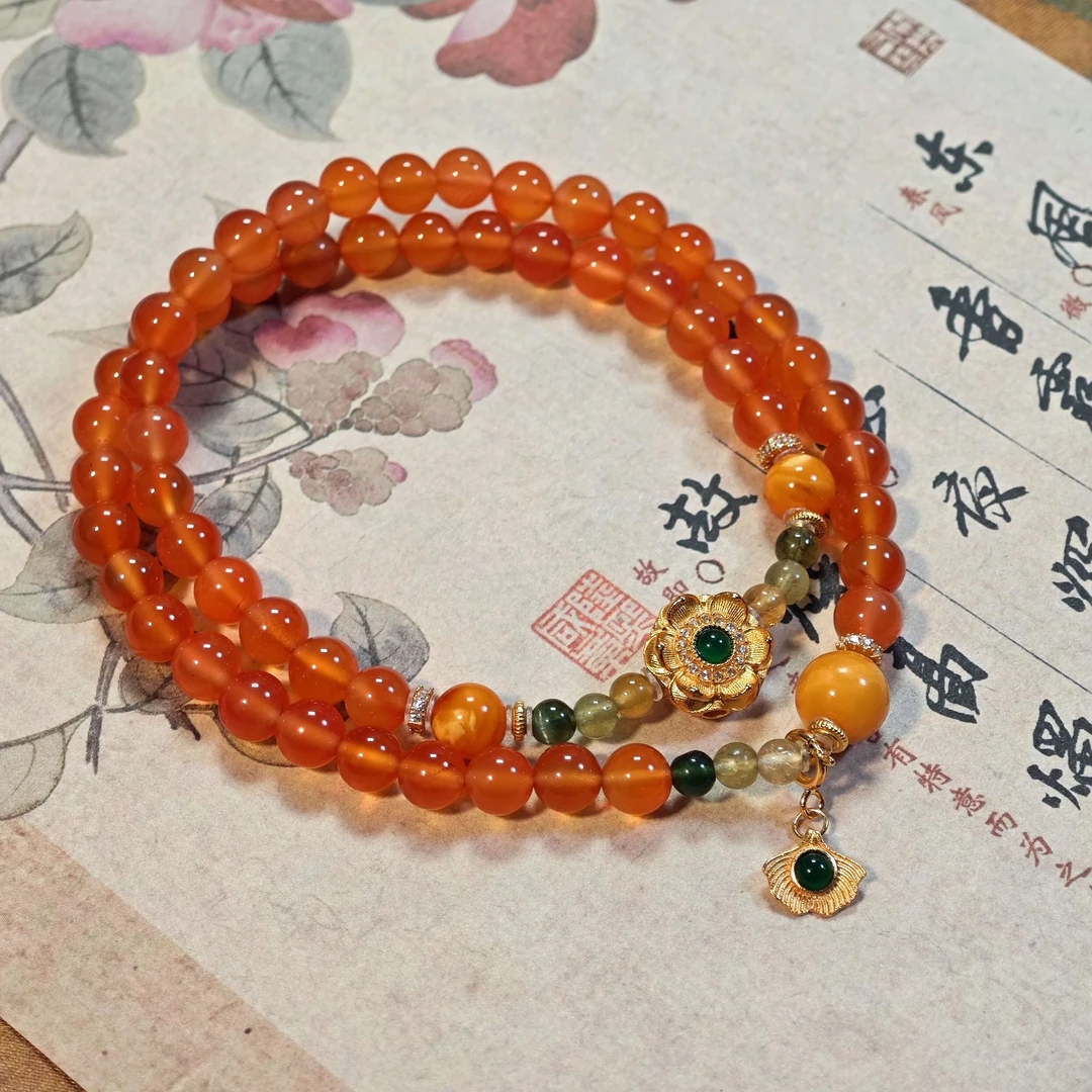 【鸿汐】ZM259206南红冰红圆珠双圈手串diy花蜡&碧玺5-7mm+