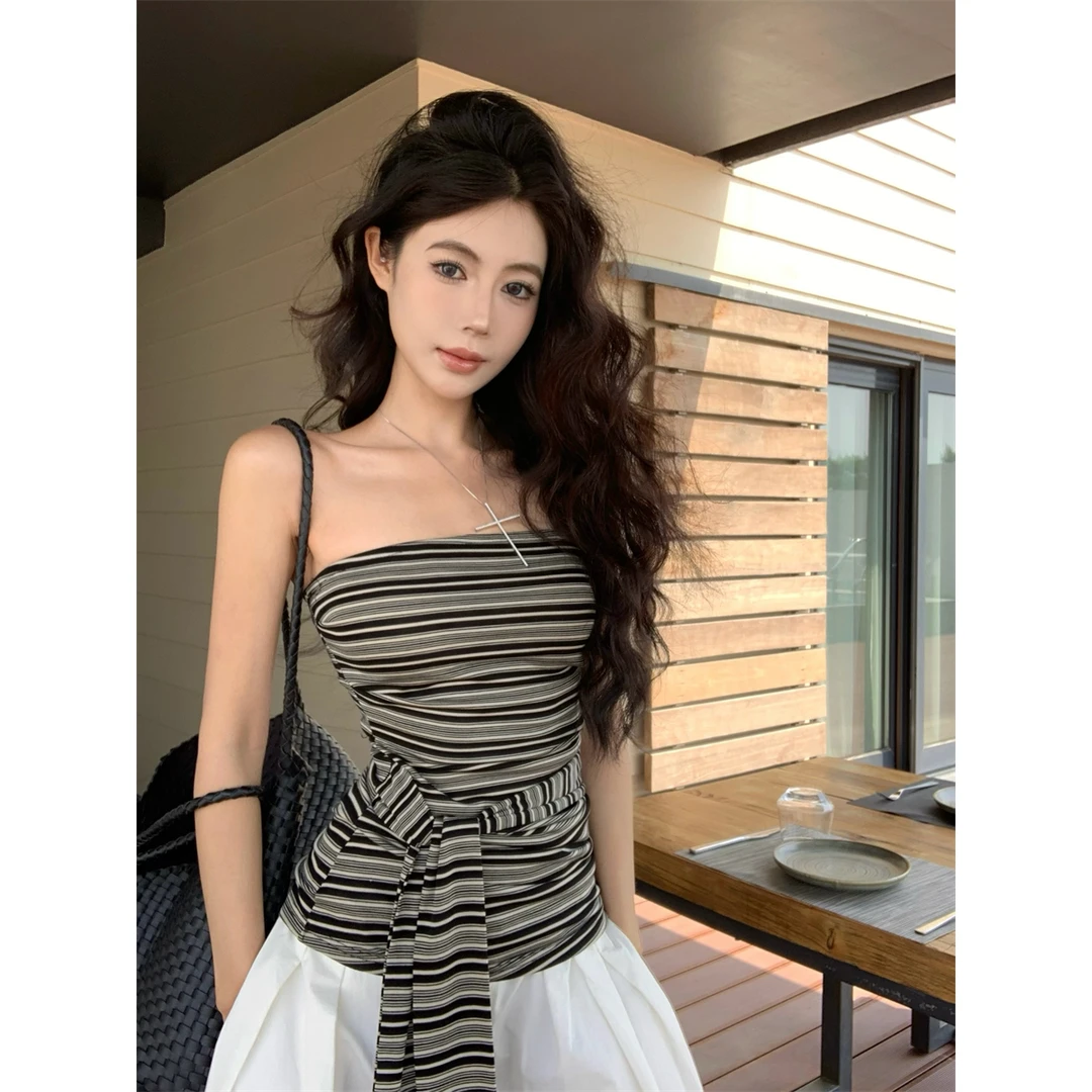 实价实拍法式复古气质修身系带显瘦条纹抹胸吊带背心露肩挂脖