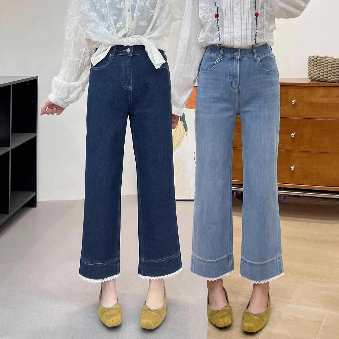 阔腿牛仔裤女微胖大码MM梨形身材遮胯显瘦蕾丝边裤脚设计感直筒裤