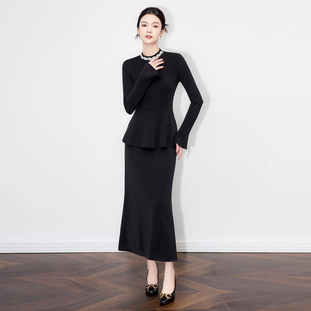 2511106-通勤洋气显瘦气质礼服裙减龄时尚镶钻收腰连衣裙南油秋款