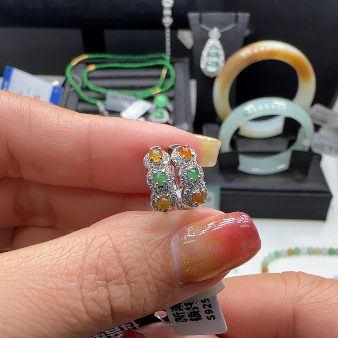 翡翠银S925镶嵌耳饰翡翠耳饰