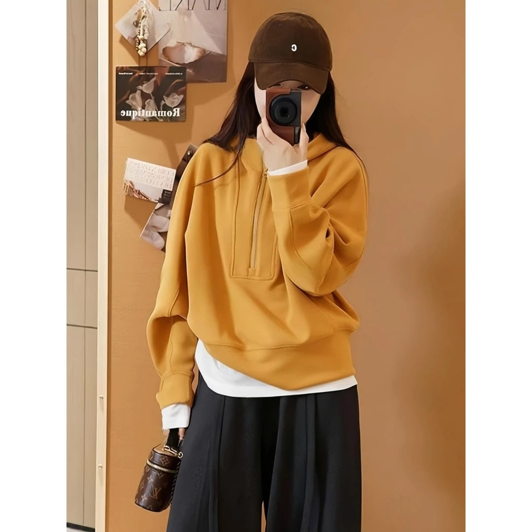 熙贝 秋季慵懒风半拉链连帽套头卫衣女宽松显瘦休闲百搭上衣秋冬