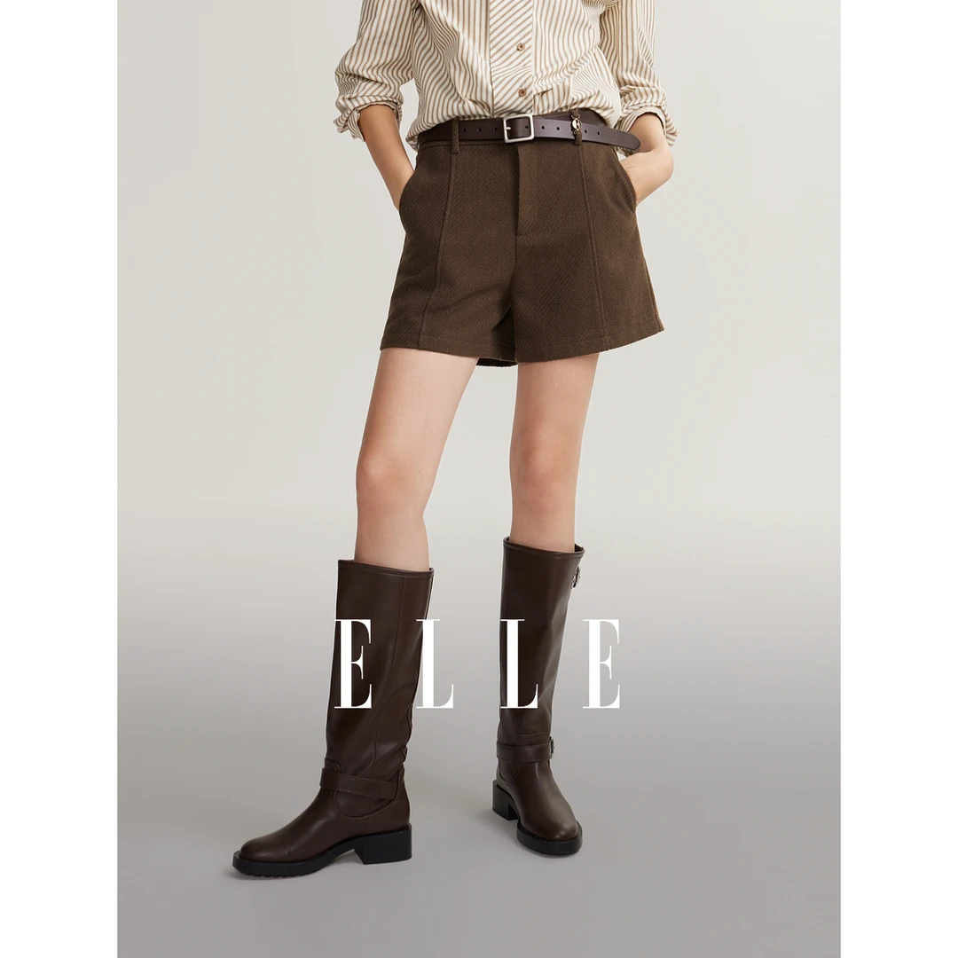 ELLE显瘦棕色高腰休闲裤2024冬季新款欧若风气质时尚复古EK49784