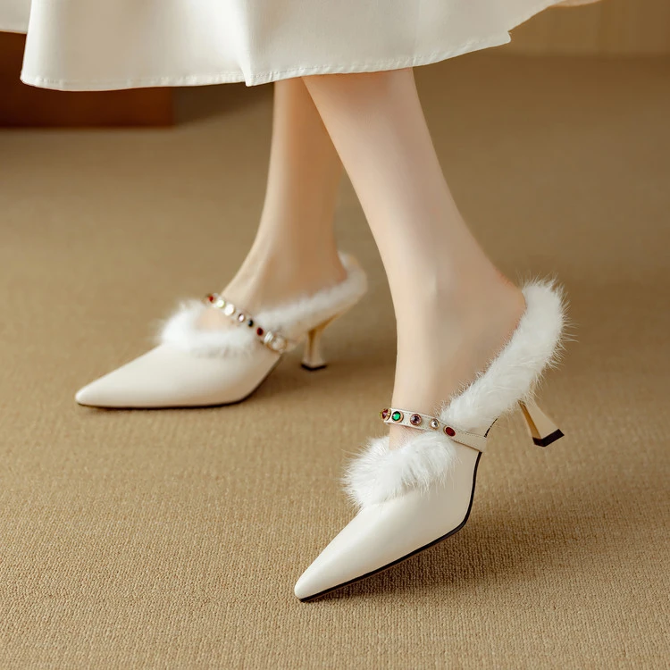 牛羊皮~6.5cm优雅半包头拖鞋女细跟水貂毛皮草宴会高跟鞋穆勒拖鞋