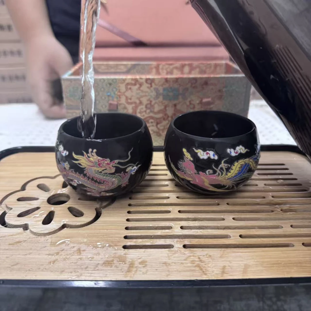 @@@@@@@@@@@@@遇热变色紫砂茶杯龙凤对杯复古茶杯（不带礼盒 茶盘）